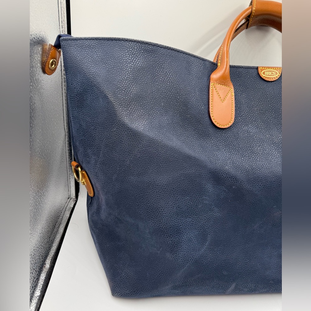 Bric’s Italy Leather Trim Blue Canvas Duffel Bag Weekender Travel Carry On - Picture 2 of 16
